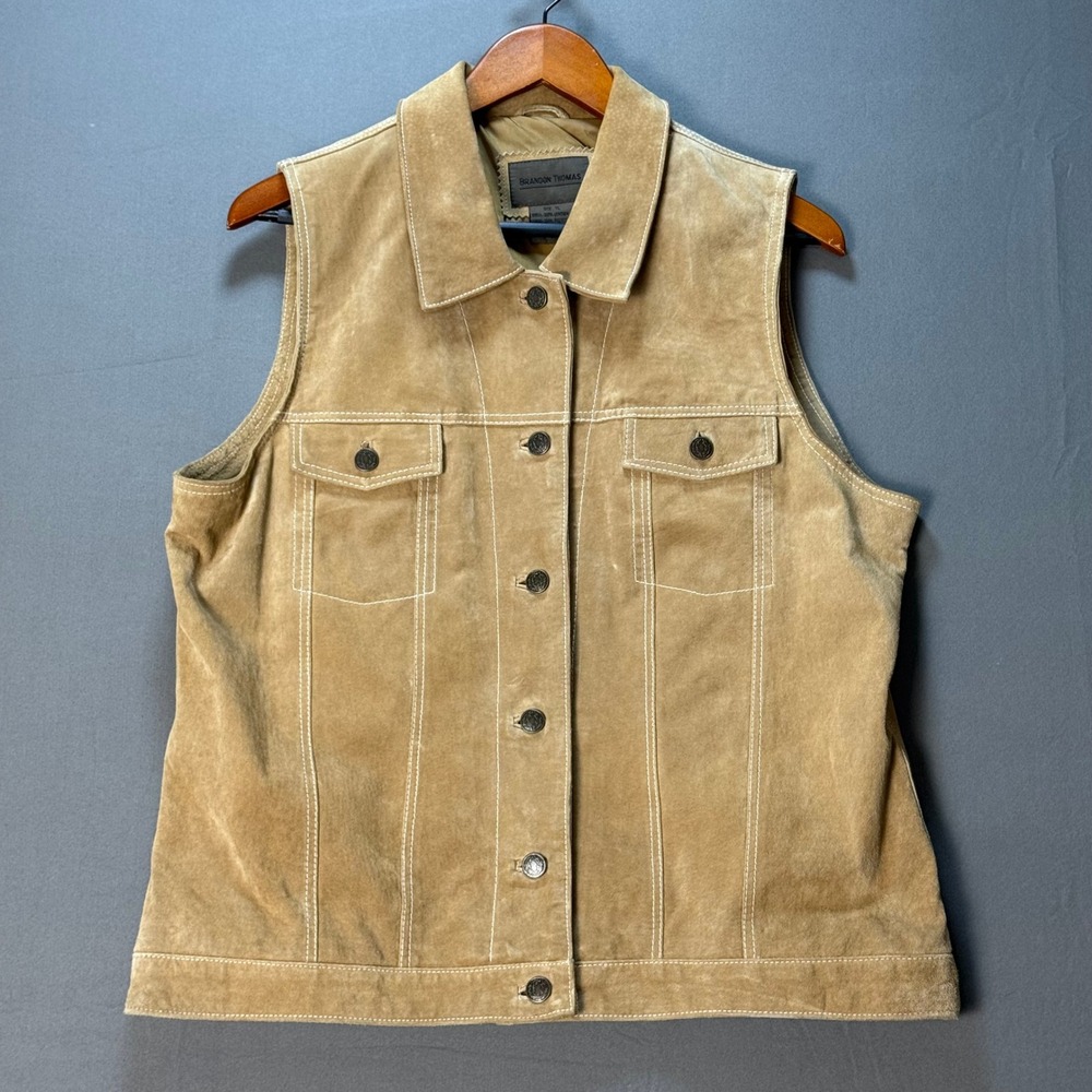 Vintage Brandon Thomas Womens  XL Tan Suede Vest Button Front Pockets Ranch Boho - Picture 2 of 7